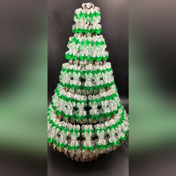 Vintage Handmade Saftely Pin Beaded Green Christmas Tree 10" String Lights - Picture 3 of 5